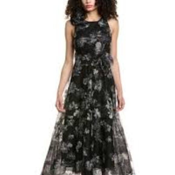 Rickie Freeman Teri John black silver metallic applique tulle midi dress size 4 - Picture 8 of 9